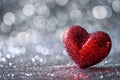 Red heart with glitter around silver bokeh effect.Valentine\'s Day banner with space for your own contehite background color. Royalty Free Stock Photo
