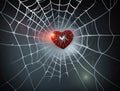 Red heart got caught in spider web on blurred dark background, captivity feeling of love concept