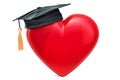 Red heart with graduation cap. Sex education concept, 3D rendering