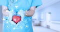 Red heart in the hands of a doctor in blue gloves and a medical uniform. Medical icons, prevention of cardiovascular diseases. Royalty Free Stock Photo