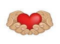 Red heart in the hands. Palms open. Hand gives or receives.