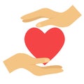 Red heart in hands on white, flat vector icon illustration Royalty Free Stock Photo