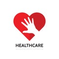 Red heart and human hand concept business logo design. Love creative sign.