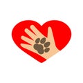 Red heart, human hand and dog paw print. Vector logo an icon. Royalty Free Stock Photo