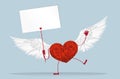 Red heart with legs and wings. Hands holding empty blank page