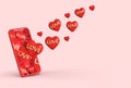 Red heart with letter love coming out from smartphone, valentine`s day concept on pin background