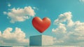 Red heart levitating above a stone cube against a bright blue sky with fluffy clouds Royalty Free Stock Photo