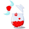 Red heart with light blue angle wings cartoon flying to jar
