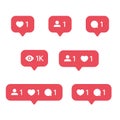 Red Heart like, new message bubble, friend request quantity number notifications icons templates.