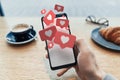 Red heart Like symbols on mobile phone. Social media concept. 3d rendering. Royalty Free Stock Photo