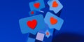 Red heart Like symbols on blue mobile phone screen. Social media concept. Dating and meeting app, 3d rendering Royalty Free Stock Photo