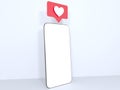 Red heart Like symbols on mobile phone screen. Isolated mobile phone is on white background, 3d rendering. illustration. Royalty Free Stock Photo