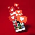 Red heart Like symbols on mobile phone screen. Social media concept. Dating and meeting app, 3d rendering Royalty Free Stock Photo