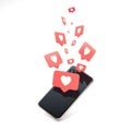 Red heart Like symbols on phone screen. Social media concept. 3d rendering.