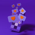 Red heart Like symbols on violet mobile phone screen. Social media concept. Dating and meeting app, 3d rendering