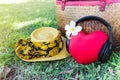 Red heart listen to music via headphone and summer hat and bag i