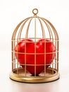 Red heart locked in gold birdcage. 3D illustration