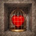 Red heart locked in gold birdcage. 3D illustration Royalty Free Stock Photo