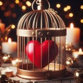 Red heart locked in gold birdcage. Generated AI