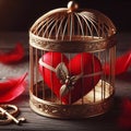 Red heart locked in gold birdcage. Generated AI