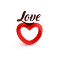 Red heart logo, love lettering. Saint Valentine holiday sign. Decorative wedding element.