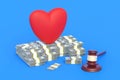 Red heart on lot of money near judge gavel