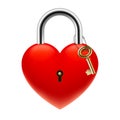 Red heart love padlock with a gold key