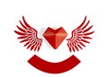 Red heart made of paper, origami, with red angel wings and a ribbon for the inscription at the bottom of the photo, on a white Royalty Free Stock Photo