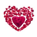 Red heart made of rose petals. Circle with romantic flower. Illustration for romantic and valentine templates