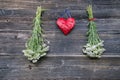 Red heart and medical plant Achillea millefolium yarrow common herb bunch on wall