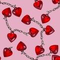 Red heart metal chained seamless pattern. Vector illustration. Royalty Free Stock Photo