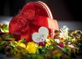 A red heart metal gift box on colorful dried flowers used as wallpaper Royalty Free Stock Photo