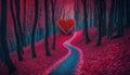 a red heart is in the middle of a forest with a path leading to it and a red light is shining on the path in the middle of the