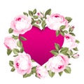 Red heart in the middle of the image. Blooming flowers garland around text place isolated over white background.