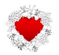 Red heart in the middle of the image. Blooming flowers garland around text place isolated over white background.