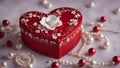 red heart and necklace A red gift box with a white heart-shaped lid on it. The box is decorated with flowers and pearls,