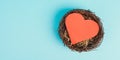 Red heart in a nest on a blue colored background, empty copy space for text, greeting card Royalty Free Stock Photo