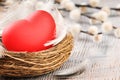 Red heart in the nest with feathers Royalty Free Stock Photo