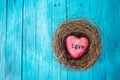 Red heart in nest and turquoise wooden background in country style. Royalty Free Stock Photo