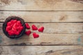 Red heart in the nest on wood background with space Royalty Free Stock Photo