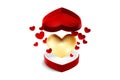 Red heart open box with flying golden and red hearts for Valentines day or special day in love concept. Open red gift