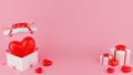 Red heart and Open Close white gift box with red ribbon. Valentine\'s day concept. 3D Rendering illustration