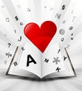 Red heart in opened book with flying alphabet concept