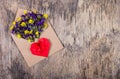 Red heart of origami and romantic letter. Flowers and envelope. Copy space