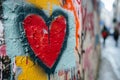 A red heart painted on the side of a building stands out against the gray background, Graffiti of a heart on a city wall, AI Royalty Free Stock Photo