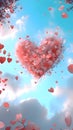 Red heart with pink red rose petals on the background of the sky. Heart as a symbol of affection and Royalty Free Stock Photo