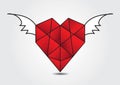 Red Heart polygonal and wing vector illustration for valentine`s day, wedding card, t-shirt. Hand drawn heart.