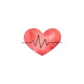 Red heart with pulse line, pulse, ambulance, medical instruments, watercolor illustration Royalty Free Stock Photo