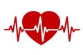 Red heart, pulse one line, cardiogram sign, heartbeat - vector