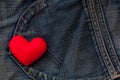 Red Heart put on an old blue jeans. Means love for denim. Royalty Free Stock Photo